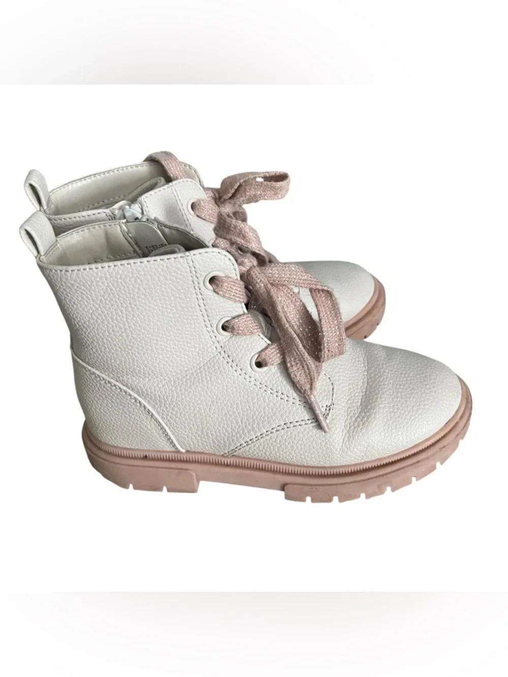 Cat & Jack Cream Leather Ankle Boots with Pink Laces